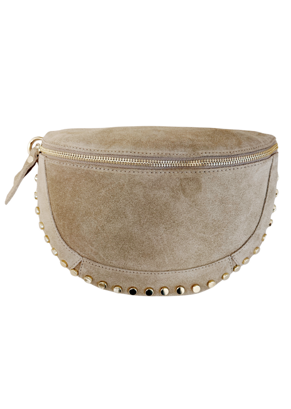 21Jewelz Halfronde crossbody tass met gouden studs - suede beige
