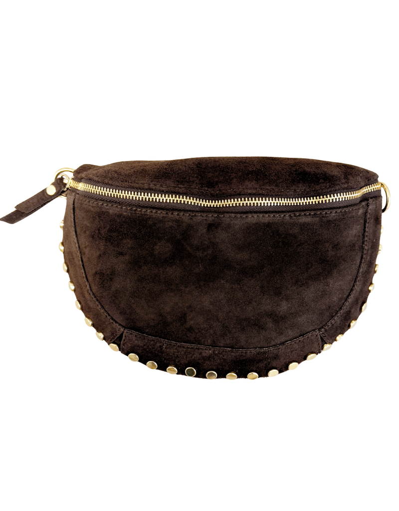 21Jewelz Halfronde crossbody tass met gouden studs - suede donkerbruin