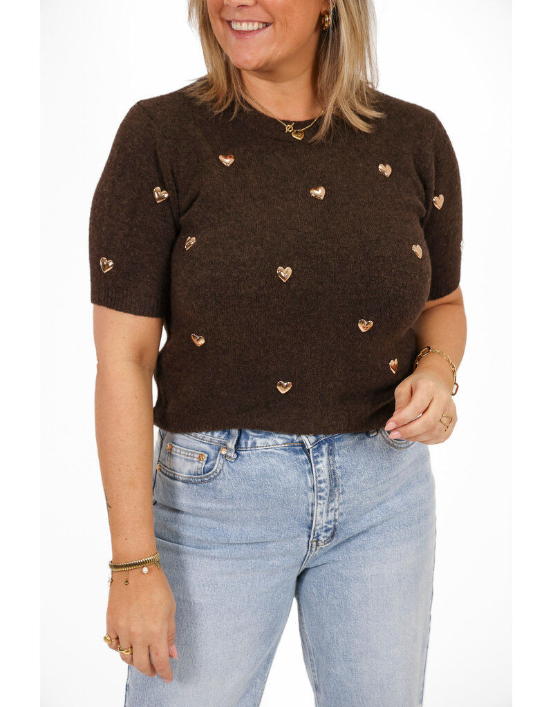 21Jewelz Truitje met korte mouwen & gouden hartjes studs - bruin