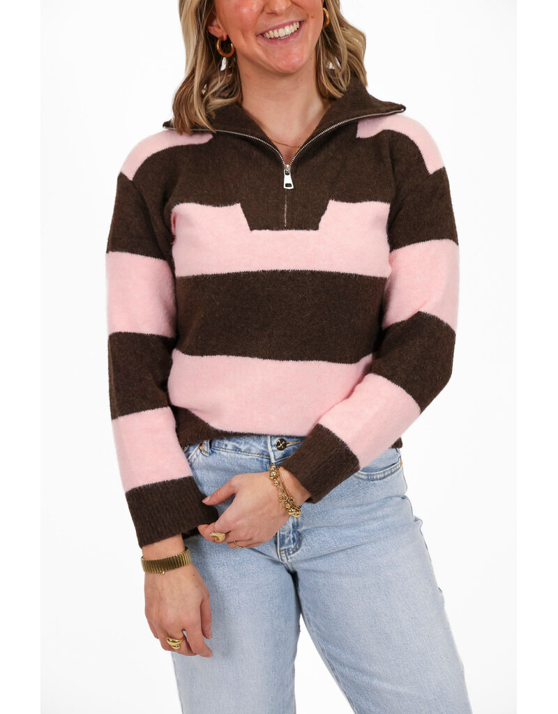 21Jewelz Gestreepte zipper trui - roze/bruin