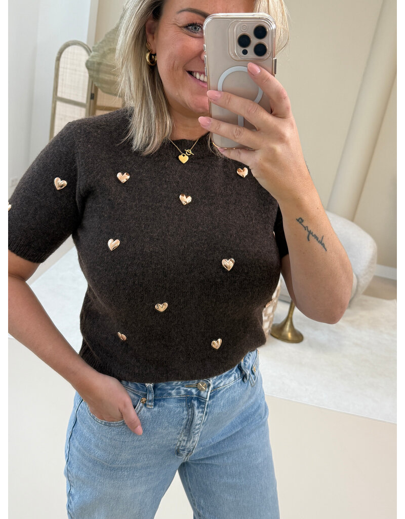 21Jewelz Truitje met korte mouwen & gouden hartjes studs - bruin