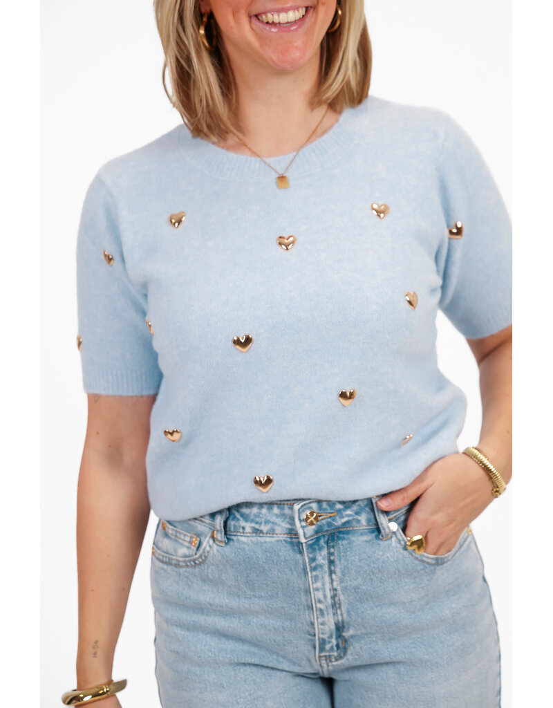 21Jewelz Truitje met korte mouwen & gouden hartjes studs - lichtblauw
