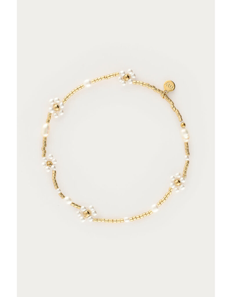 My Jewellery My Jewellery | Botanical elastieken armband met zoetwaterparel bloemen - goud