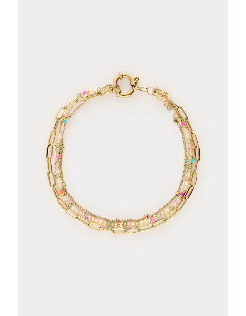 My Jewellery My Jewellery | Botanical driedubbele armband met licht groene kralen - goud