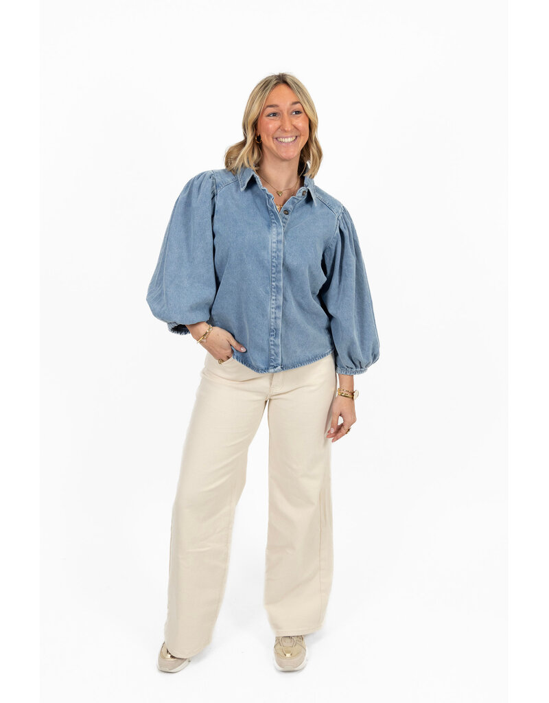 21Jewelz Effen denim blouse met pofmouw - jeans blauw