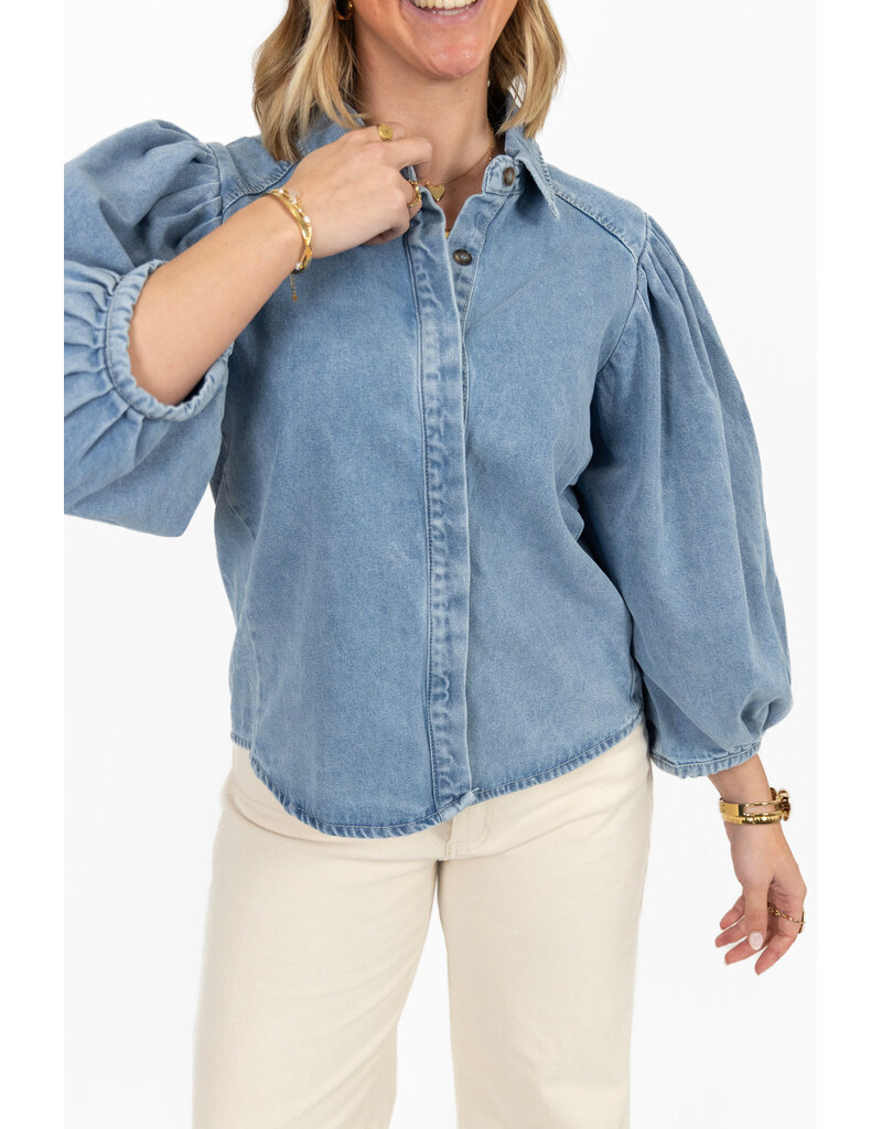 21Jewelz Effen denim blouse met pofmouw - jeans blauw