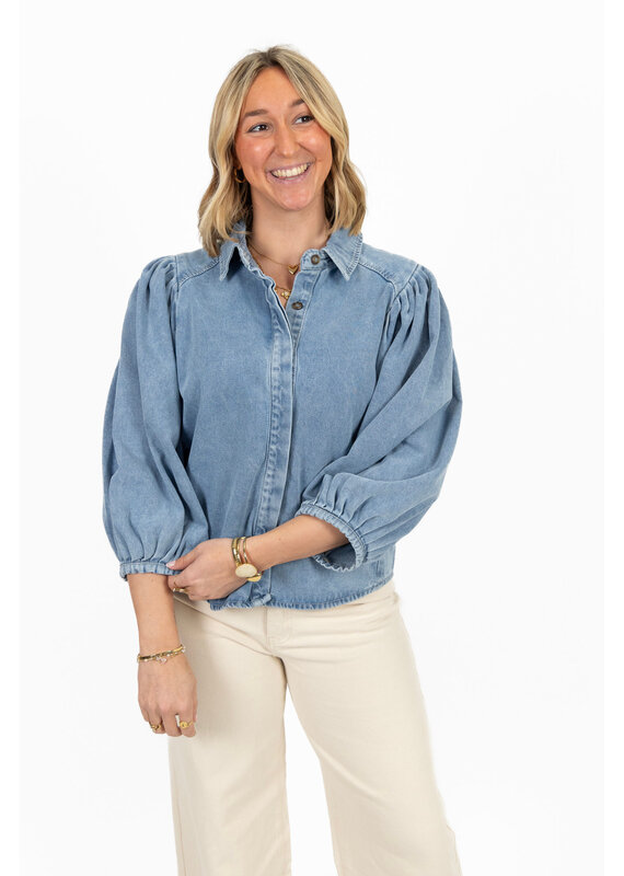 21Jewelz Effen denim blouse met pofmouw - jeans blauw