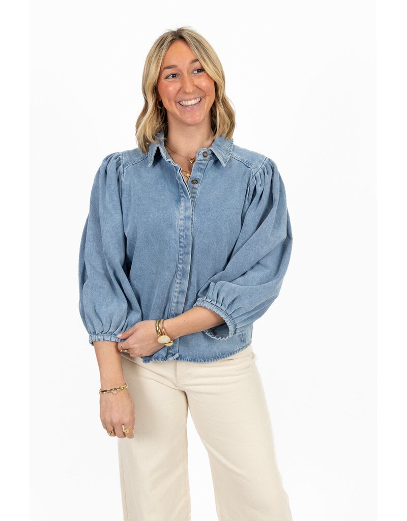 21Jewelz Effen denim blouse met pofmouw - jeans blauw