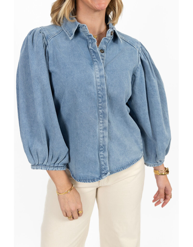 21Jewelz Effen denim blouse met pofmouw - jeans blauw