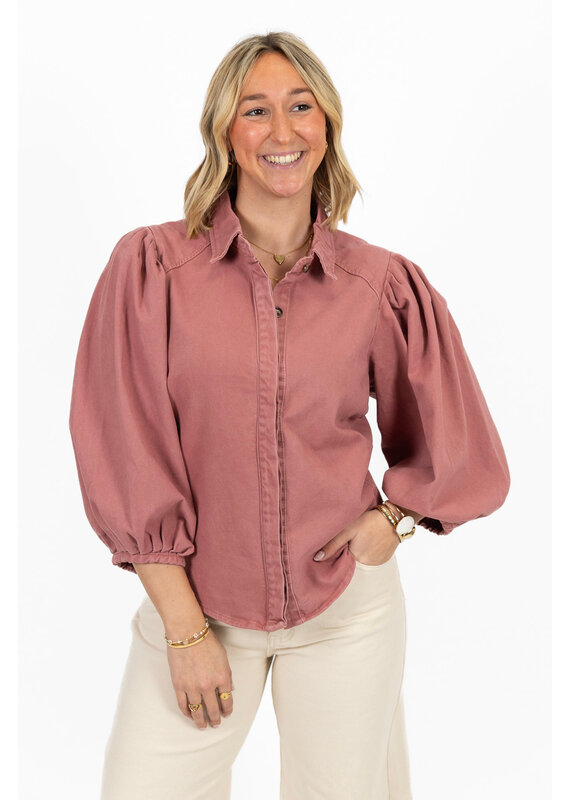21Jewelz Effen denim blouse met pofmouw - roze