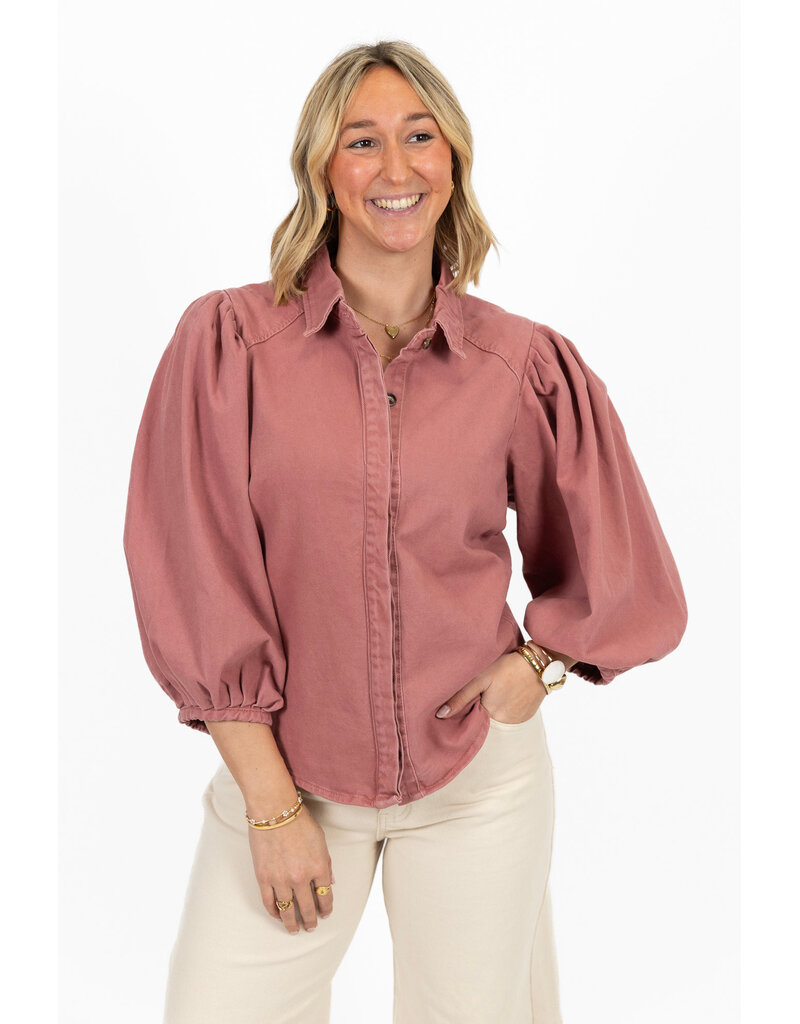 21Jewelz Effen denim blouse met pofmouw - roze