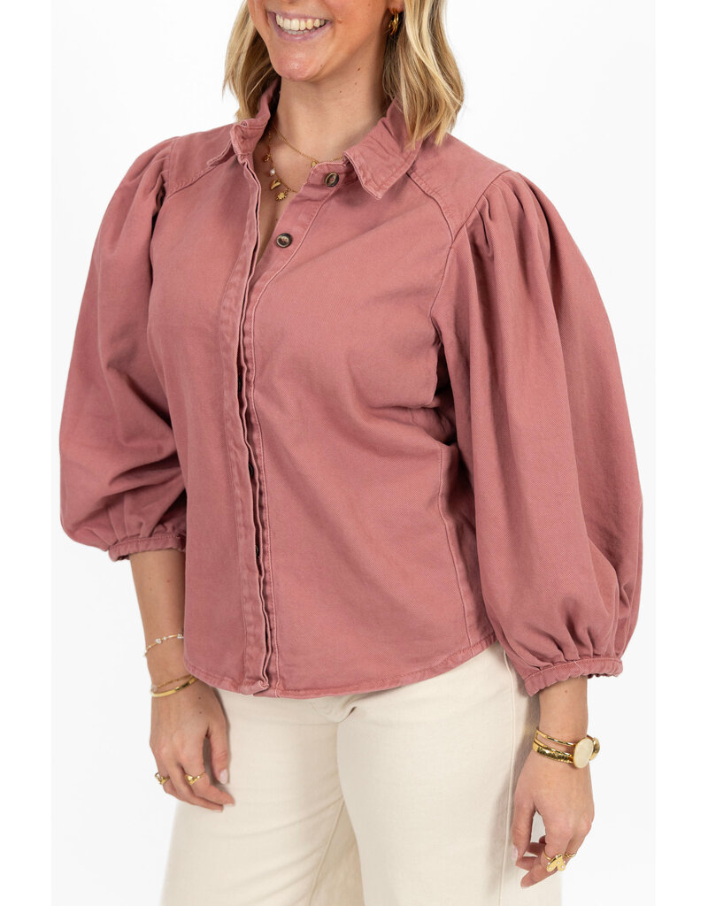 21Jewelz Effen denim blouse met pofmouw - roze