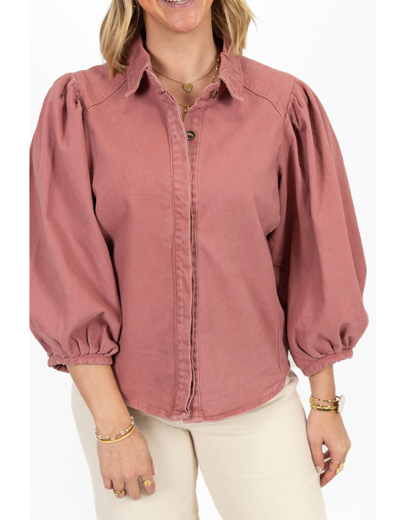 21Jewelz Effen denim blouse met pofmouw - roze