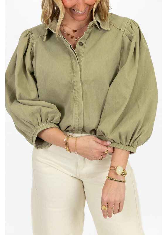 21Jewelz Effen denim blouse met pofmouw - groen