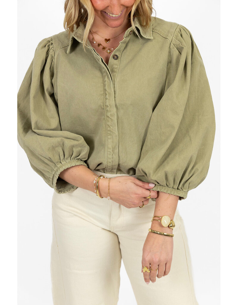 21Jewelz Effen denim blouse met pofmouw - groen