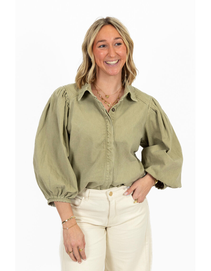 21Jewelz Effen denim blouse met pofmouw - groen