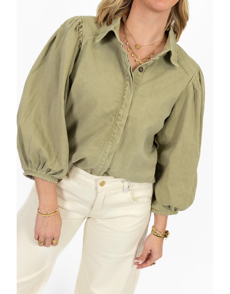 21Jewelz Effen denim blouse met pofmouw - groen