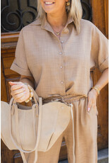 21Jewelz Linnenlook blouse met knoopdetail & korte mouw - donker beige