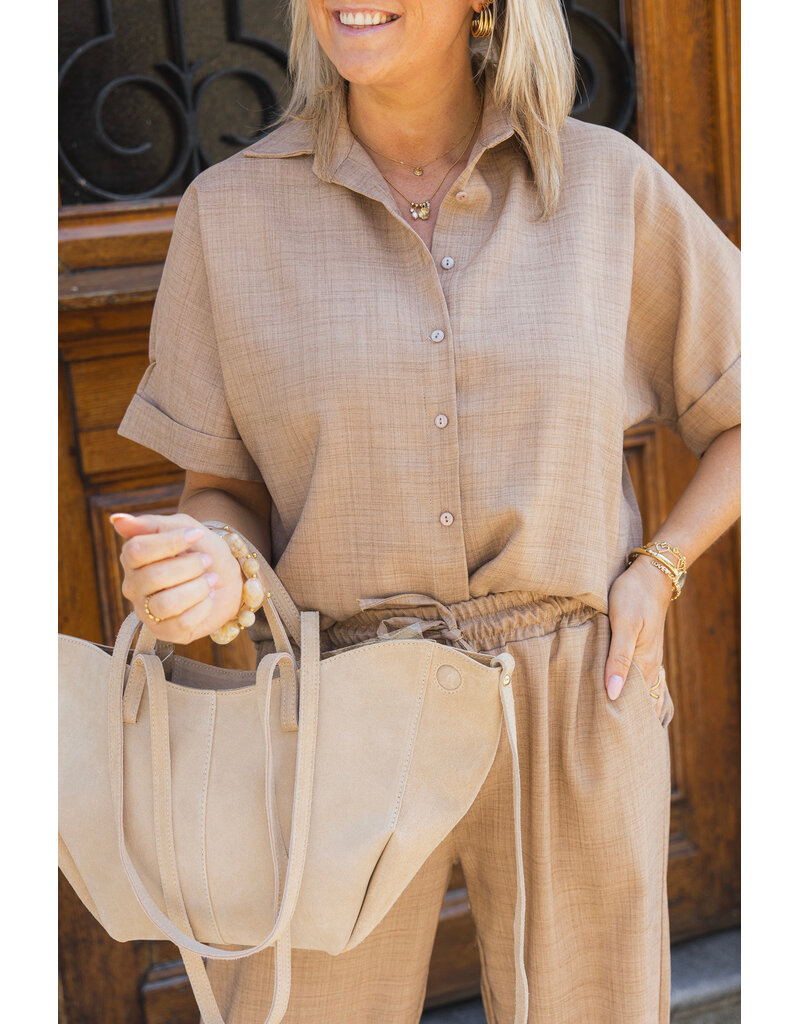 21Jewelz Linnenlook blouse met knoopdetail & korte mouw - donker beige