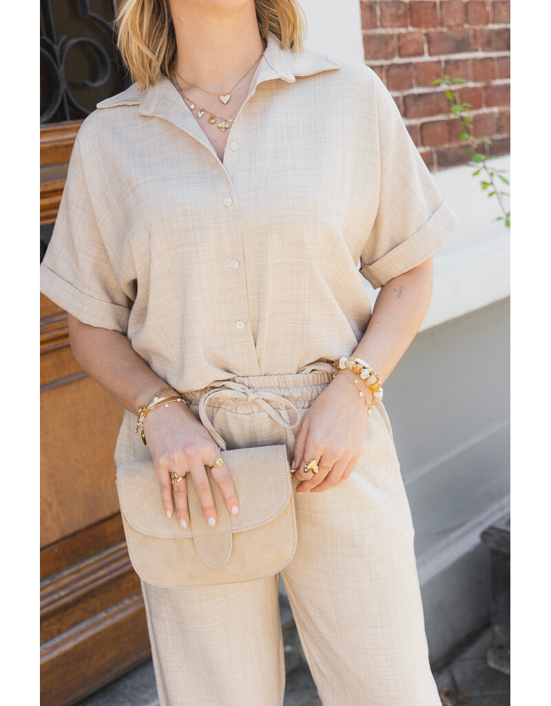 21Jewelz Linnenlook blouse met knoopdetail & korte mouw - beige