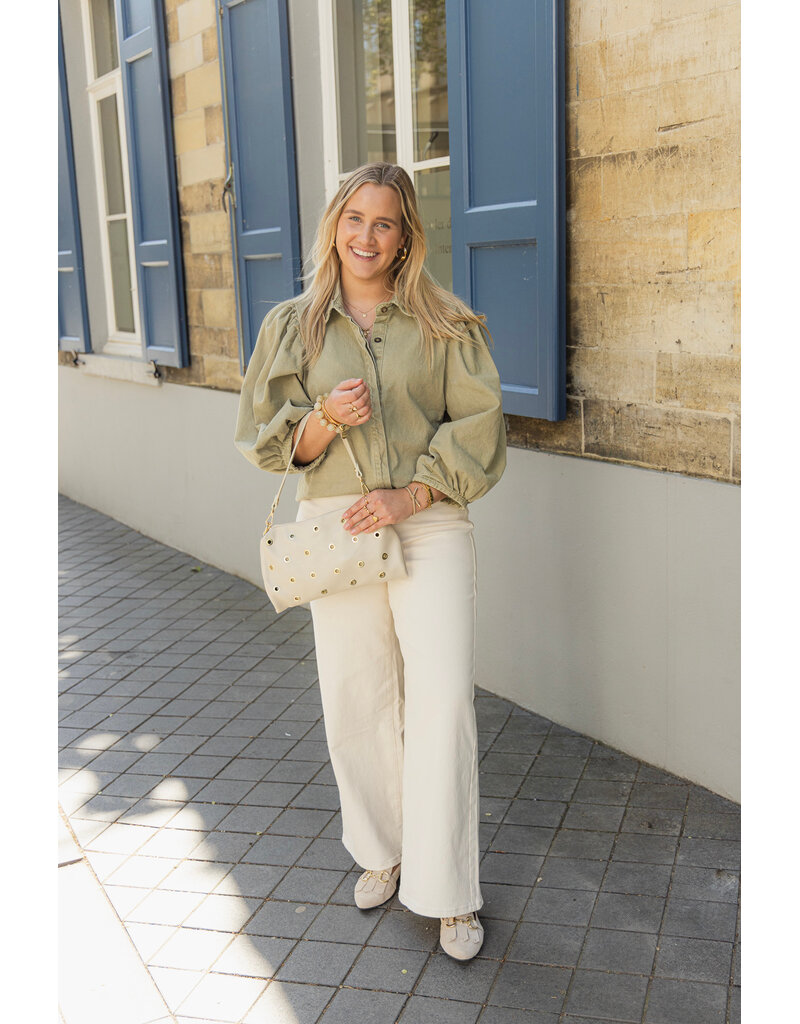 21Jewelz Effen denim blouse met pofmouw - groen