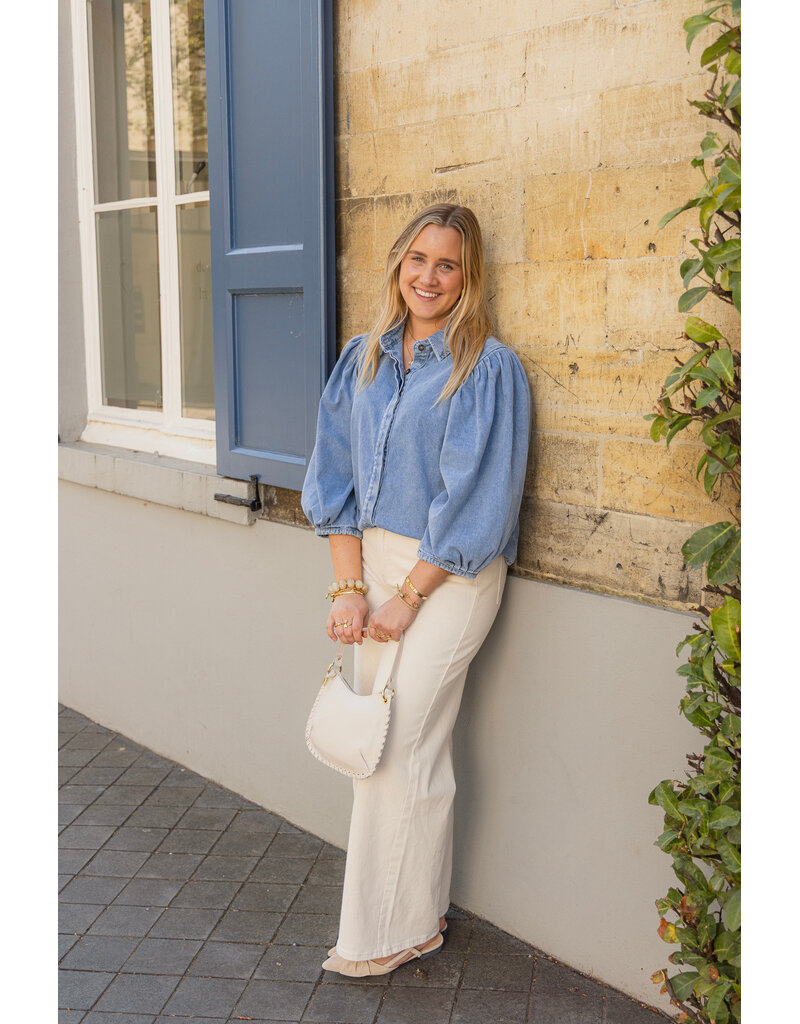 21Jewelz Effen denim blouse met pofmouw - jeans blauw