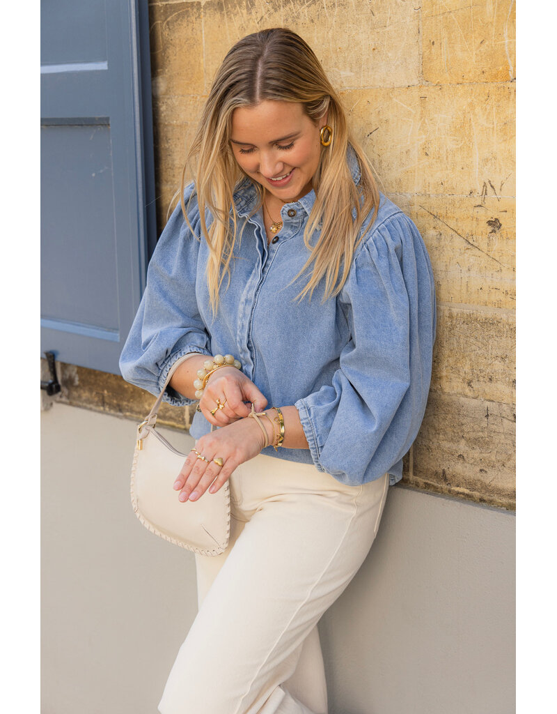 21Jewelz Effen denim blouse met pofmouw - jeans blauw