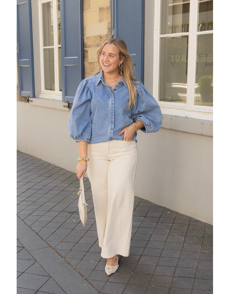 21Jewelz Effen denim blouse met pofmouw - jeans blauw