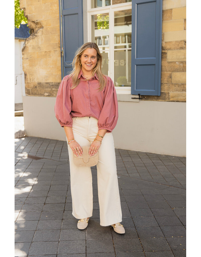 21Jewelz Effen denim blouse met pofmouw - roze