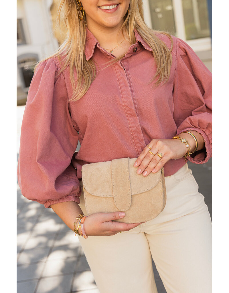 21Jewelz Effen denim blouse met pofmouw - roze