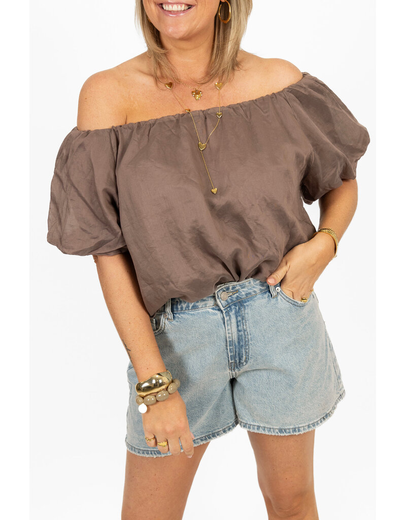 21Jewelz Off shoulder pofmouw top - taupe