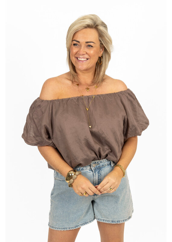 21Jewelz Off shoulder pofmouw top - taupe