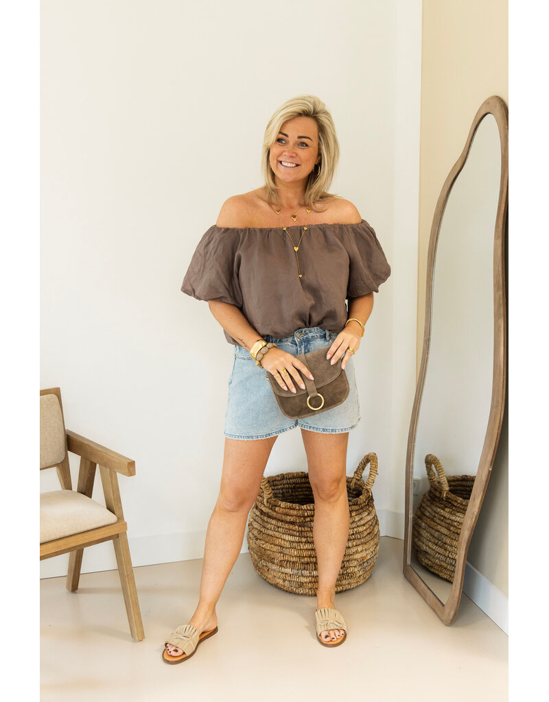21Jewelz Off shoulder pofmouw top - taupe