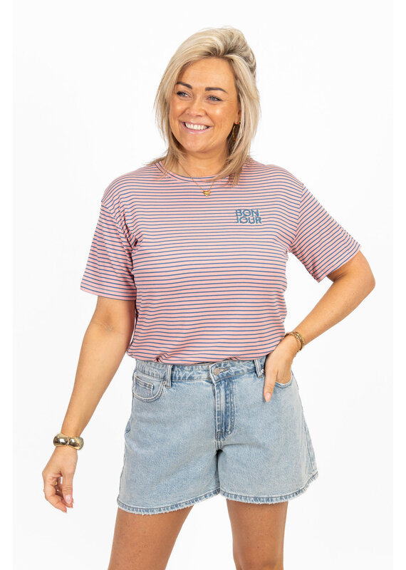 21Jewelz Gestreept shirtje Bonjour - roze/blauw