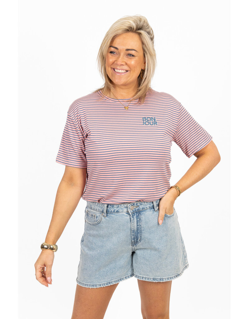 21Jewelz Gestreept shirtje Bonjour - roze/blauw