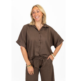 21Jewelz Linnenlook blouse met knoopdetail & korte mouw - bruin