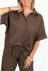 21Jewelz Linnenlook blouse met knoopdetail & korte mouw - bruin