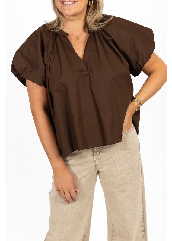 21Jewelz Effen blouse met v-hals & pofmouw - bruin