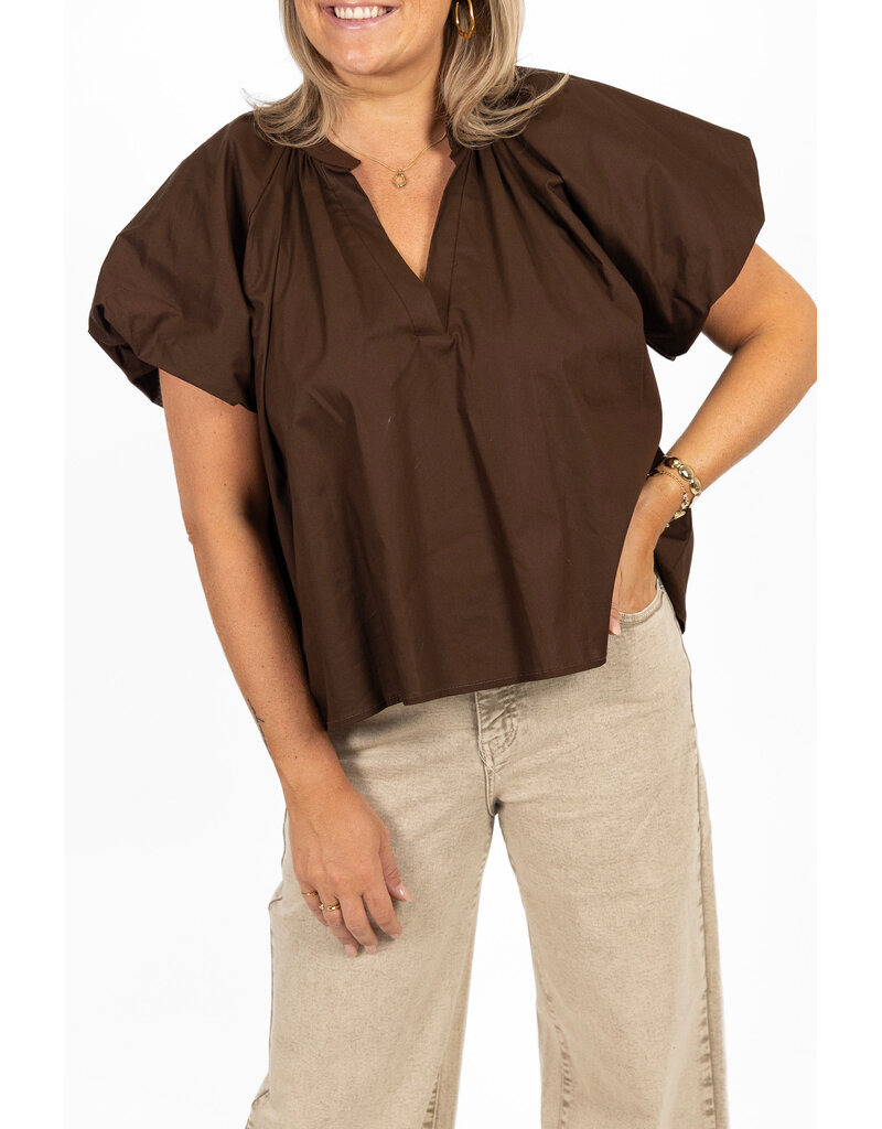 21Jewelz Effen blouse met v-hals & pofmouw - bruin