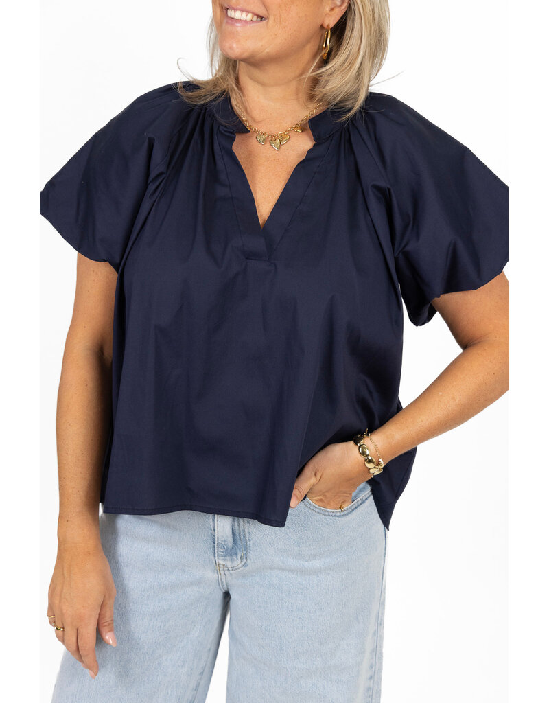 21Jewelz Effen blouse met v-hals & pofmouw - navy blauw