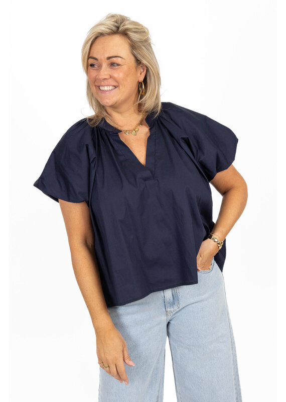21Jewelz Effen blouse met v-hals & pofmouw - navy blauw