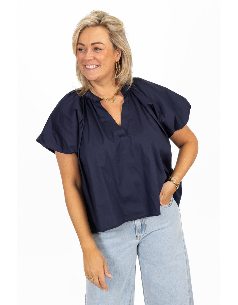 21Jewelz Effen blouse met v-hals & pofmouw - navy blauw