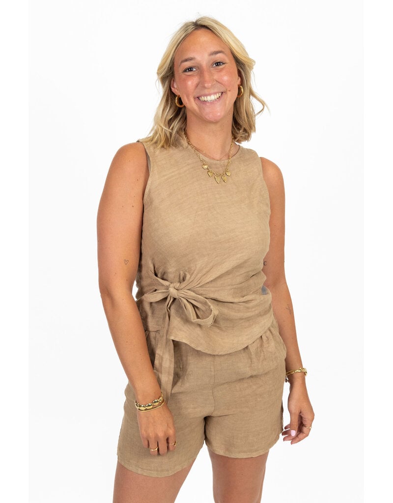 21Jewelz Linnenlook top met strik - camel