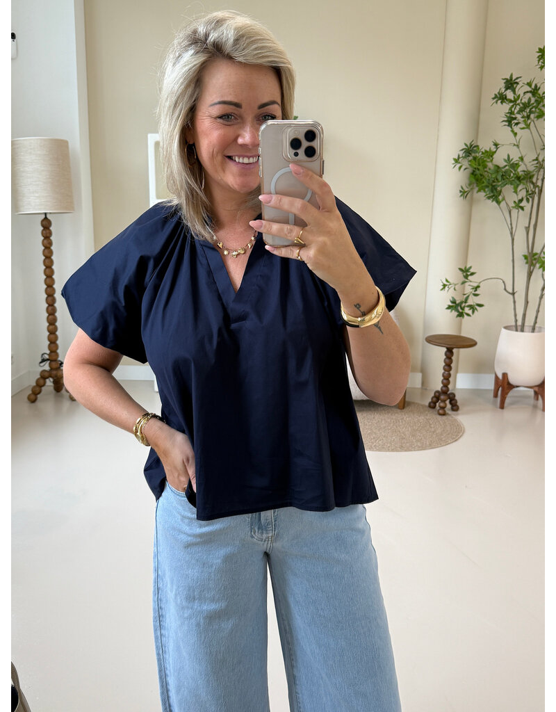 21Jewelz Effen blouse met v-hals & pofmouw - navy blauw