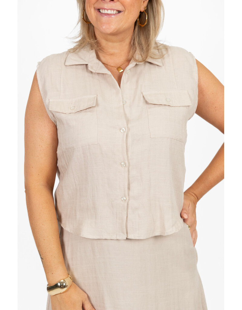 21Jewelz Effen linnen mouwloze blouse met zakjes - beige