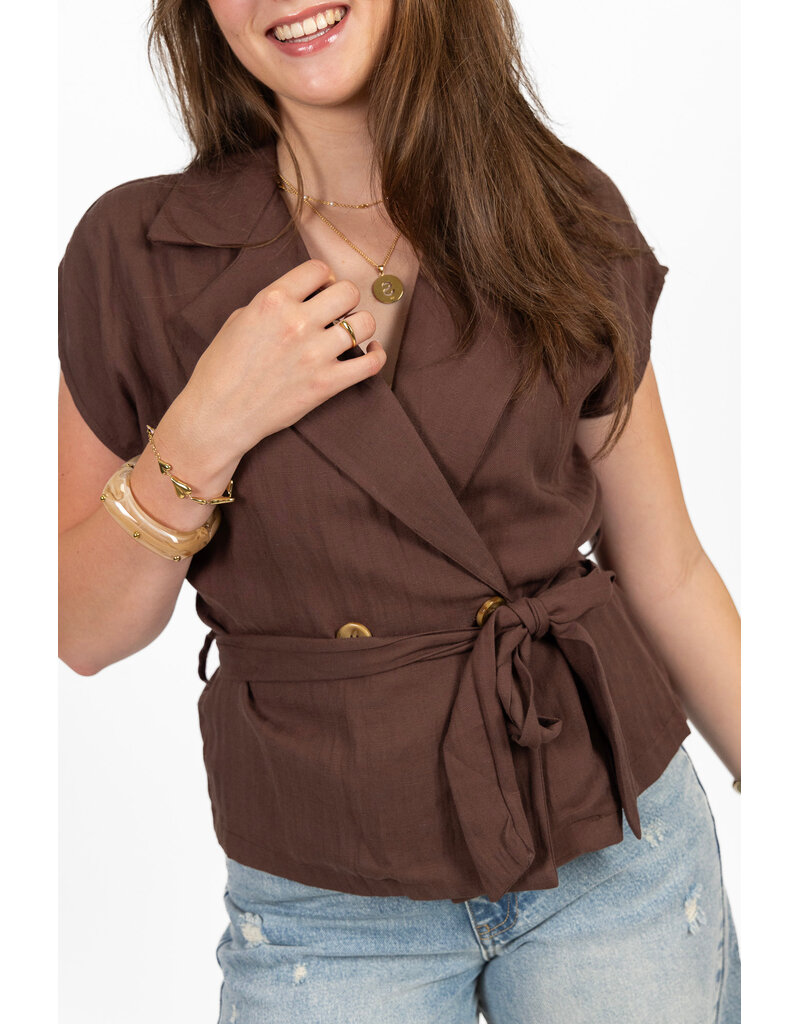 21Jewelz Effen linnen gilet met strikdetail - bruin