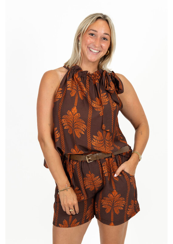 21Jewelz Mouwloze top met strik & palmboomprint - bruin