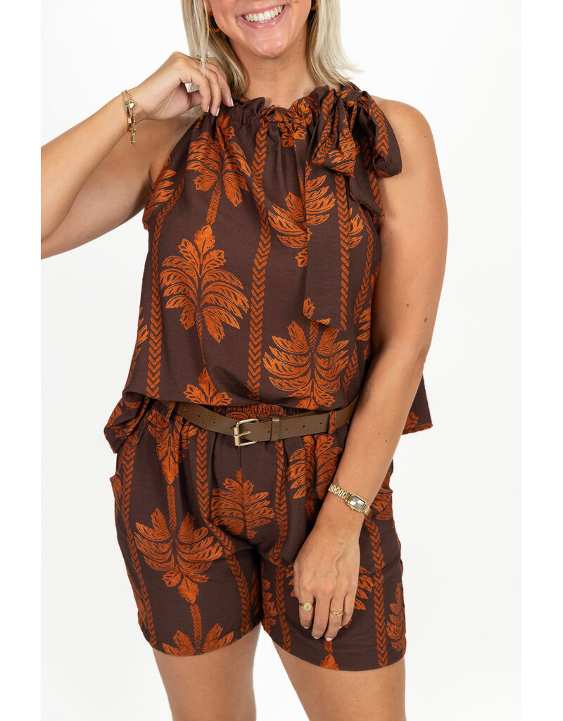 21Jewelz Mouwloze top met strik & palmboomprint - bruin