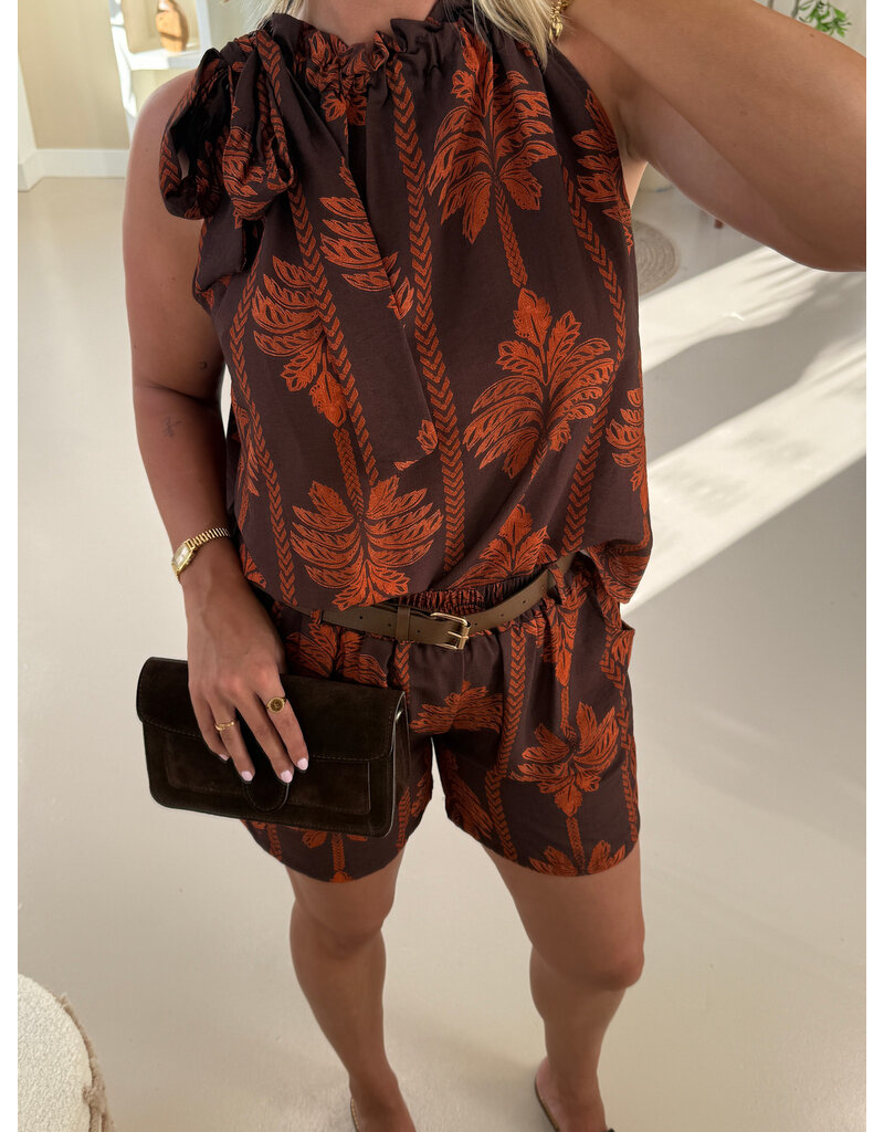 21Jewelz Mouwloze top met strik & palmboomprint - bruin