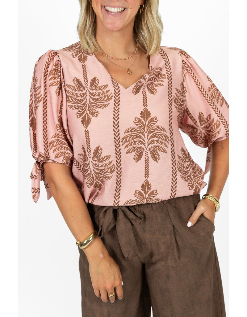 21Jewelz Losvallende top met v-hals en palmboomprint - roze